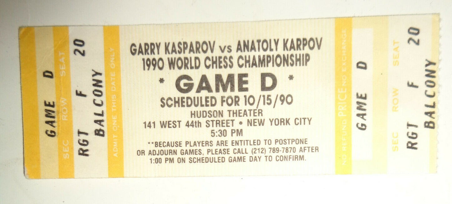 Ticket & Official Program: Kasparov vs Karpov, 1990 World Chess Championship, NY