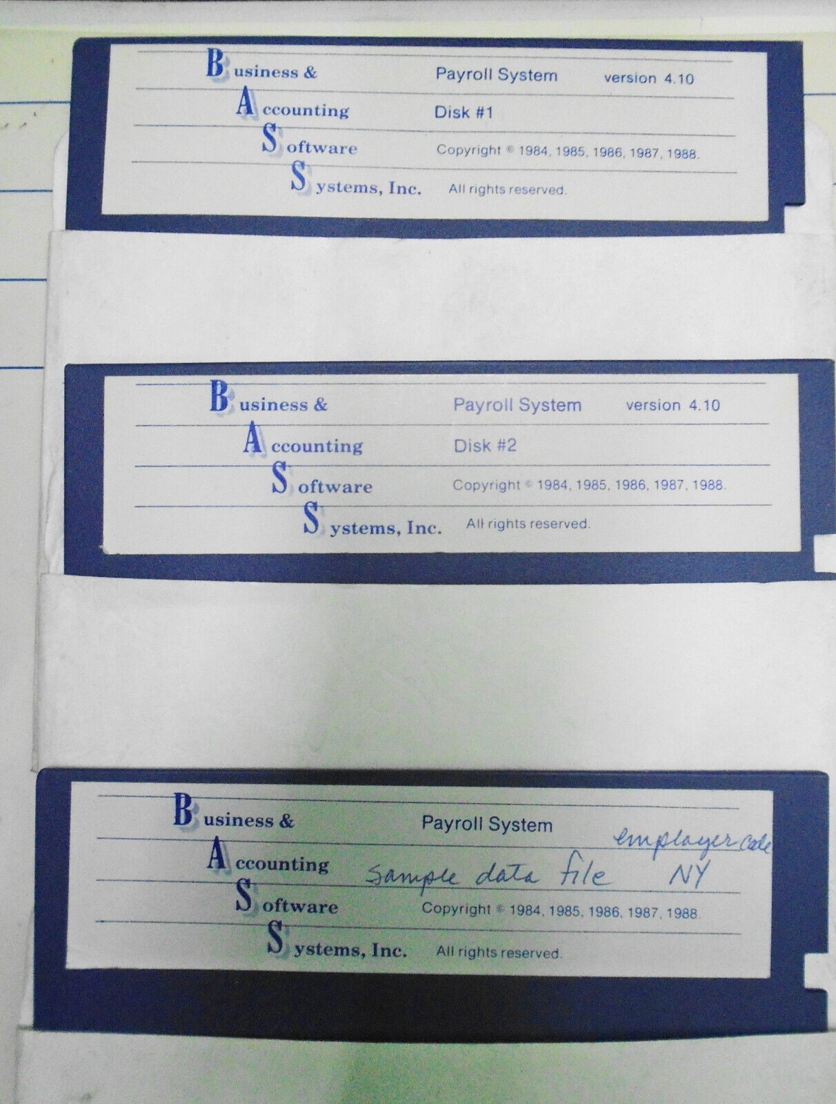 BASS Payroll System, 1988 - for restaurants & general use. IBM PCs 5 1/4" disks.