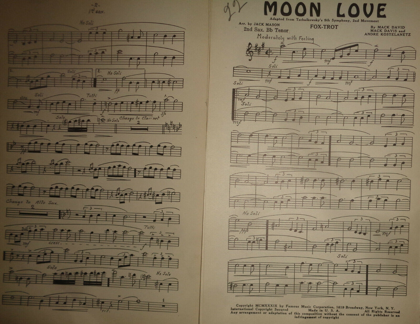 MOON LOVE - FOX TROT - SHEET MUSIC FOR ORCHESTRA - 1939