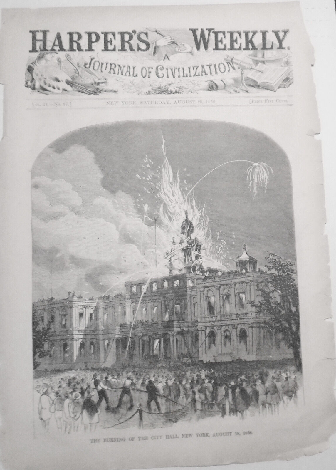 The Burning Of The City Hall, New York -- Harper's Weekly, August 18, 1858