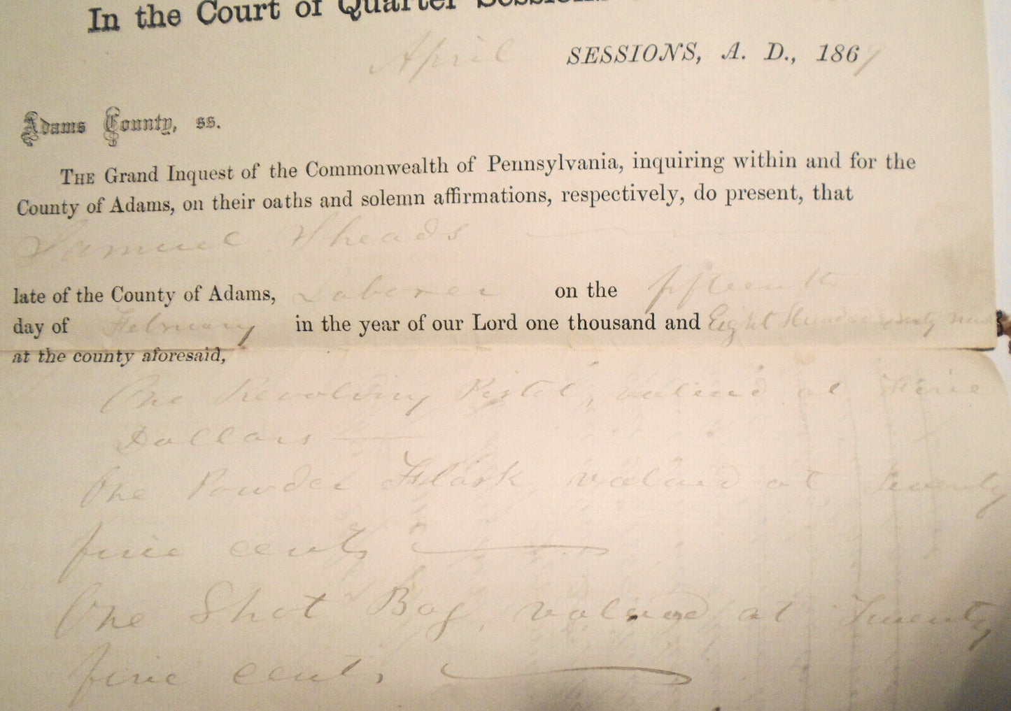 1867 Guilty Plea of Samuel Sheads for Stealing , Adams County PA Grand Inquest