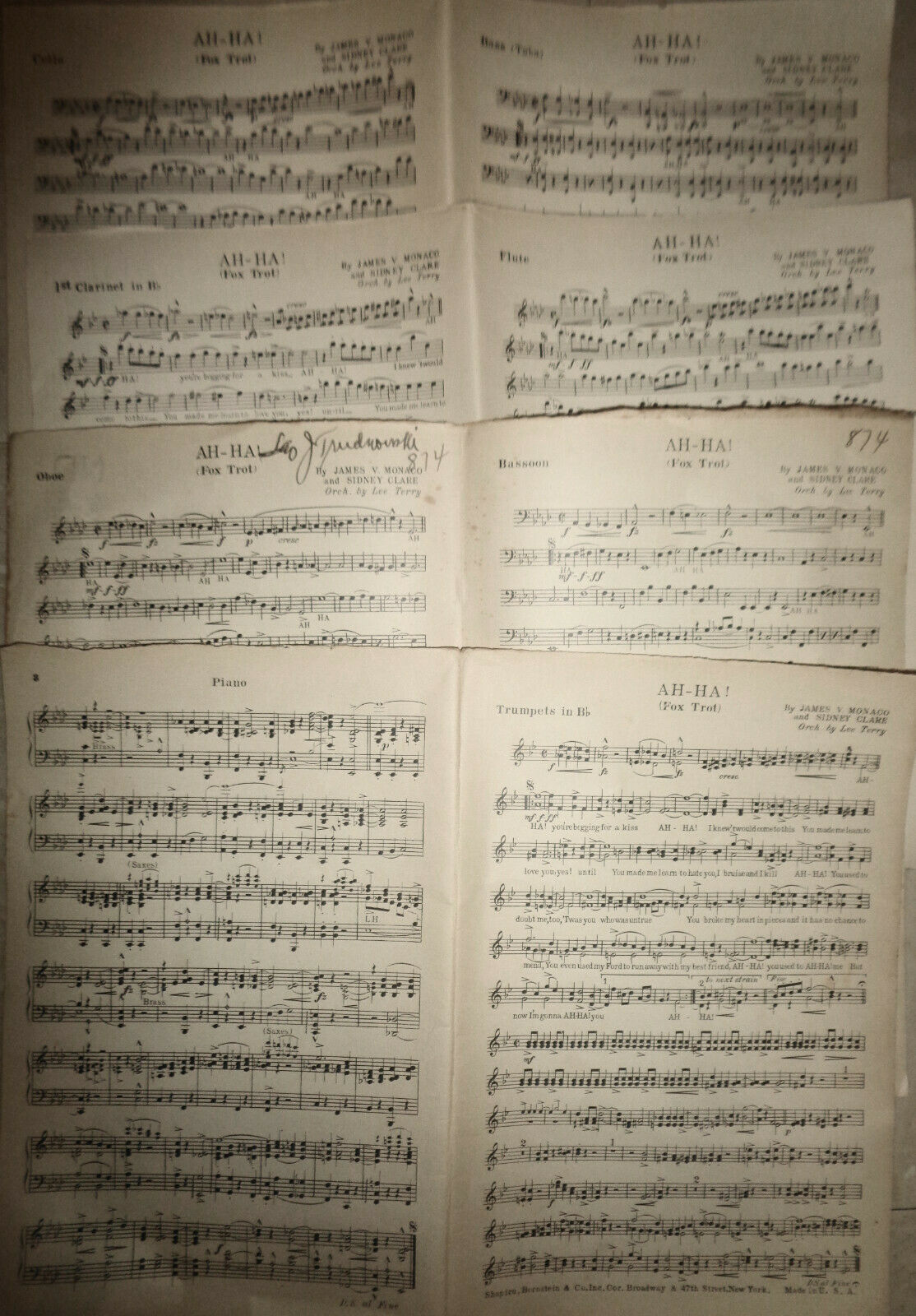 In Shadowland, by Ruth Brooks / Ah - Ha! by Monaco on verso - 1924 for orchestra