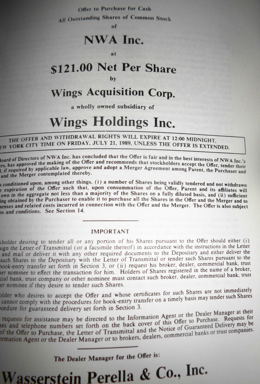 WINGS HOLDINGS ACQUISITION OF NORTHWEST AIRLINES - BANKERS TRUST REPORT