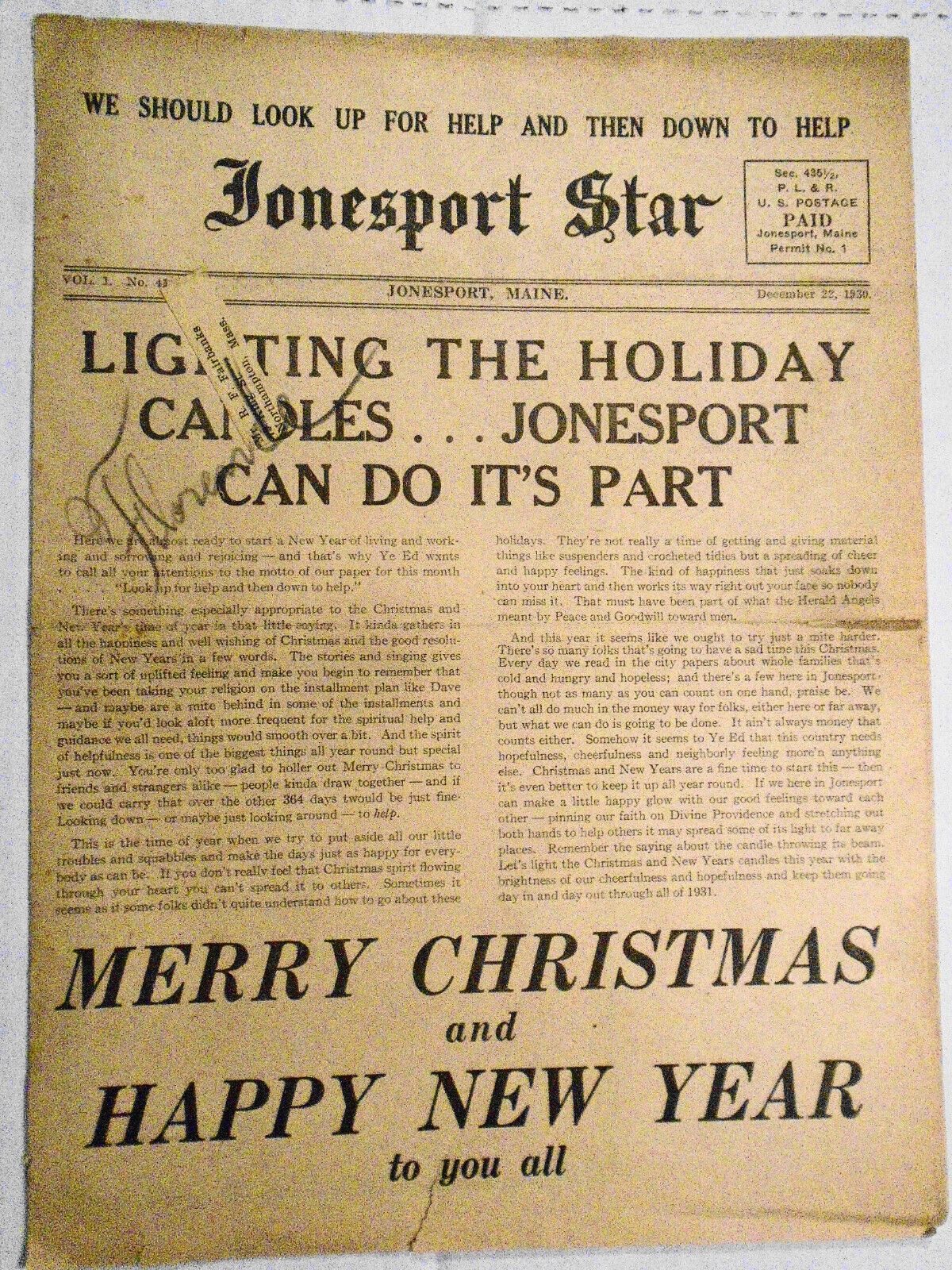 Jonesport Star, December 22, 1930 - Christmas issue - Jonesport Maine newspaper