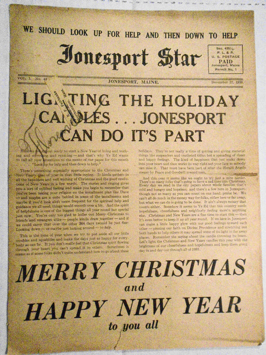 Jonesport Star, December 22, 1930 - Christmas issue - Jonesport Maine newspaper