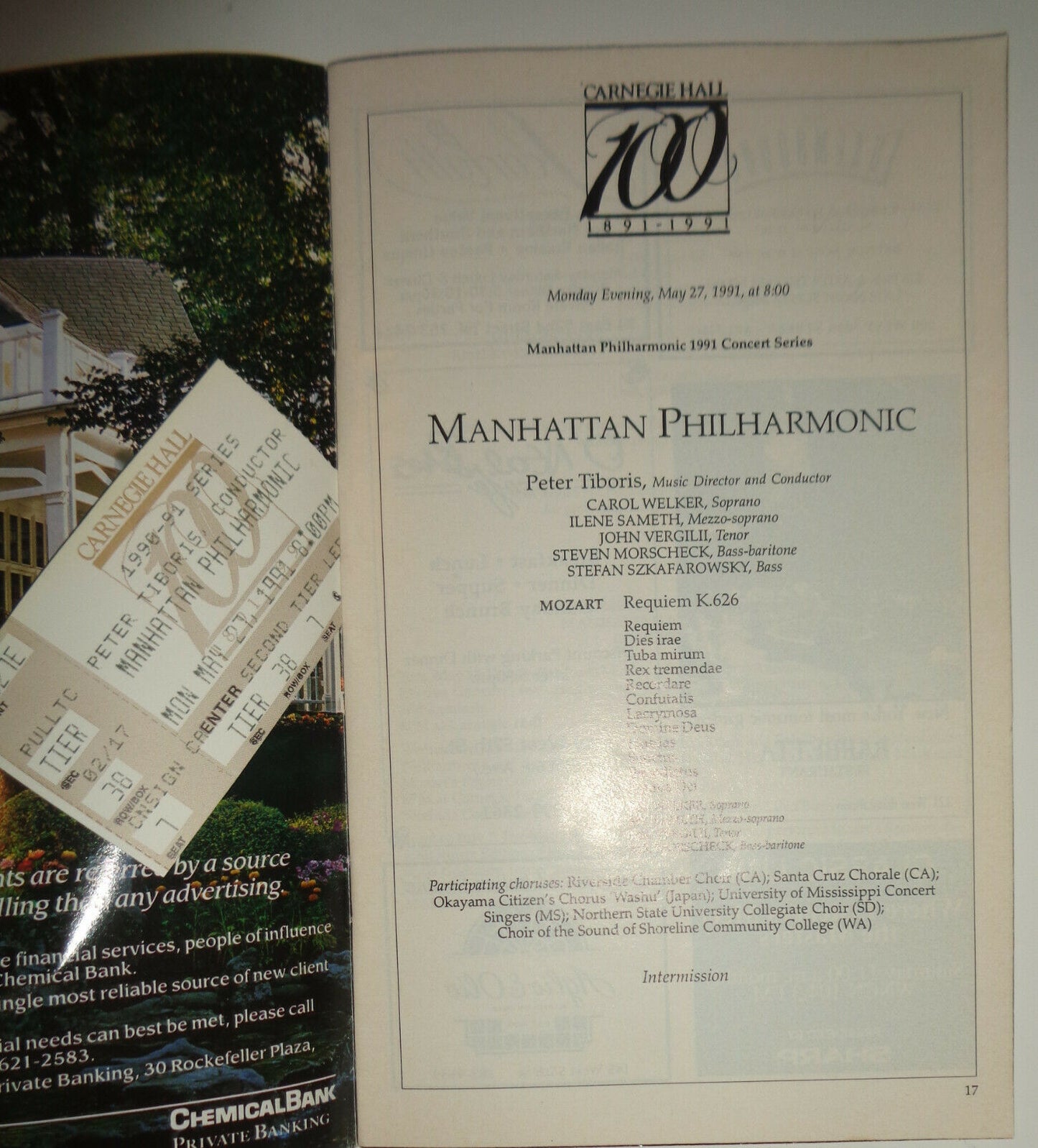 MANHATTAN PHILHARMONIC - Carnegie Hall Stagebill - May 27, 1991 with ticket stub