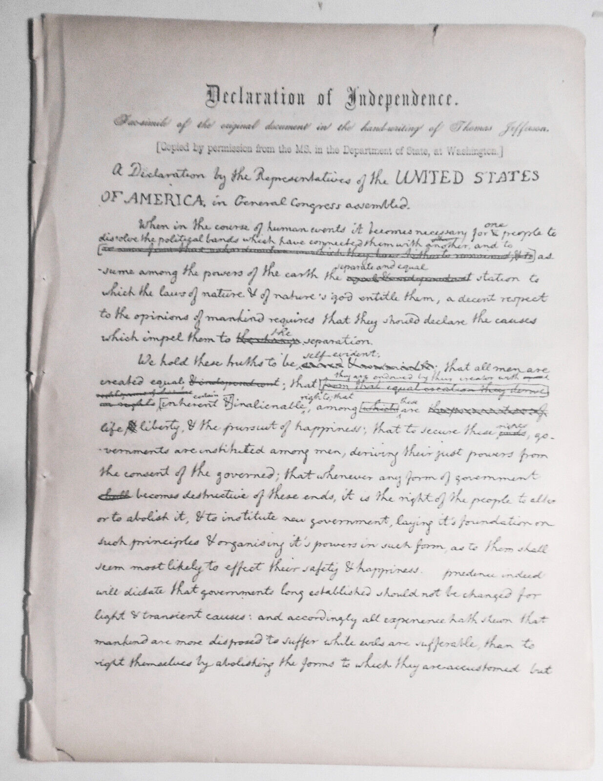 1858 Declaration of Independence. Thomas Jefferson's handwritten draft.