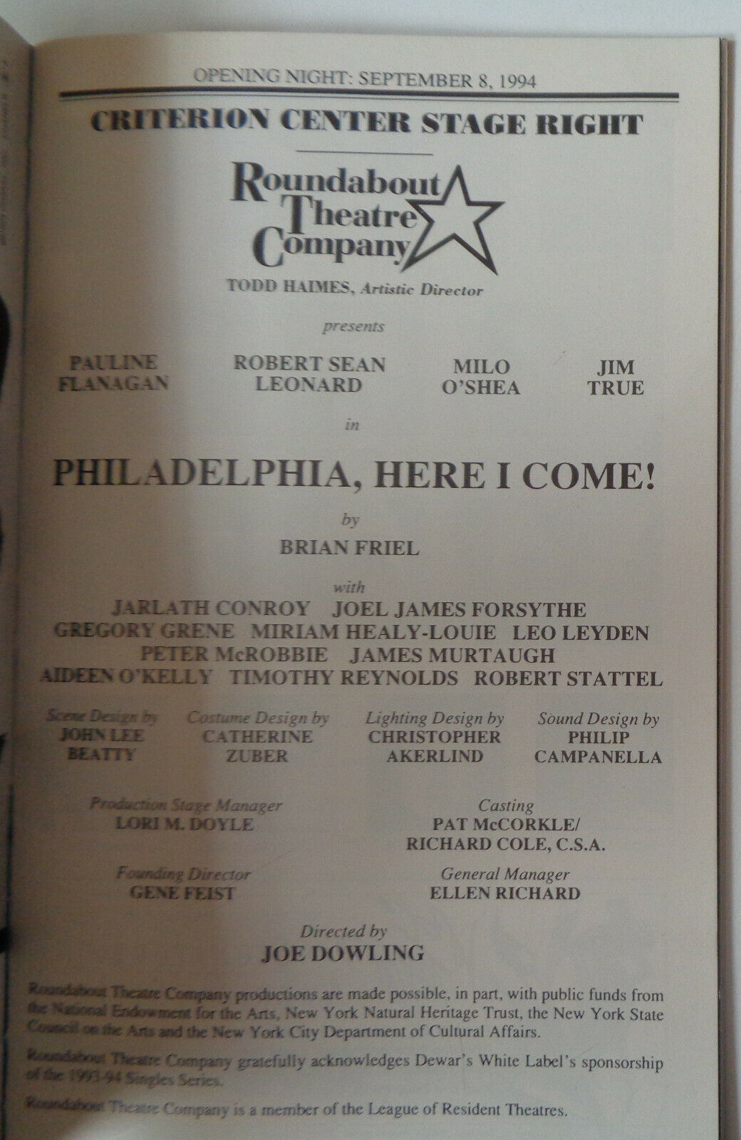PHILADELPHIA, HERE I COME! - PLAYBILL - OPENING NIGHT: SEPTEMBER 8, 1994