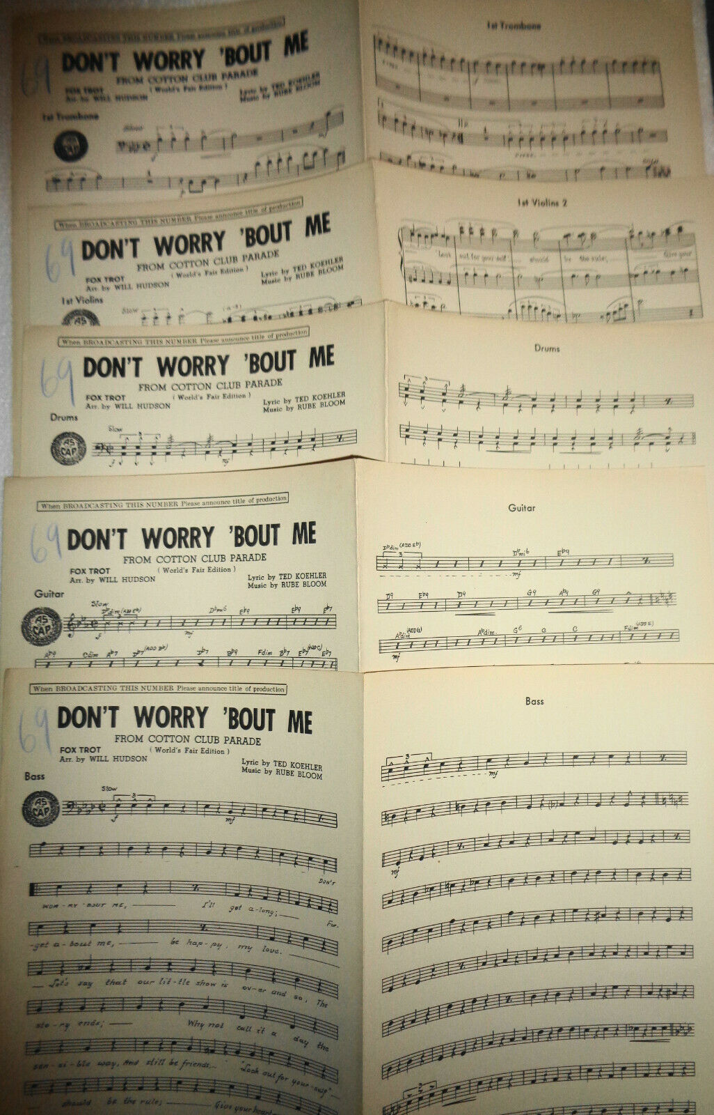 Don't worry 'bout me : from Cotton Club Parade- SHEET MUSIC FOR ORCHESTRA - 1939