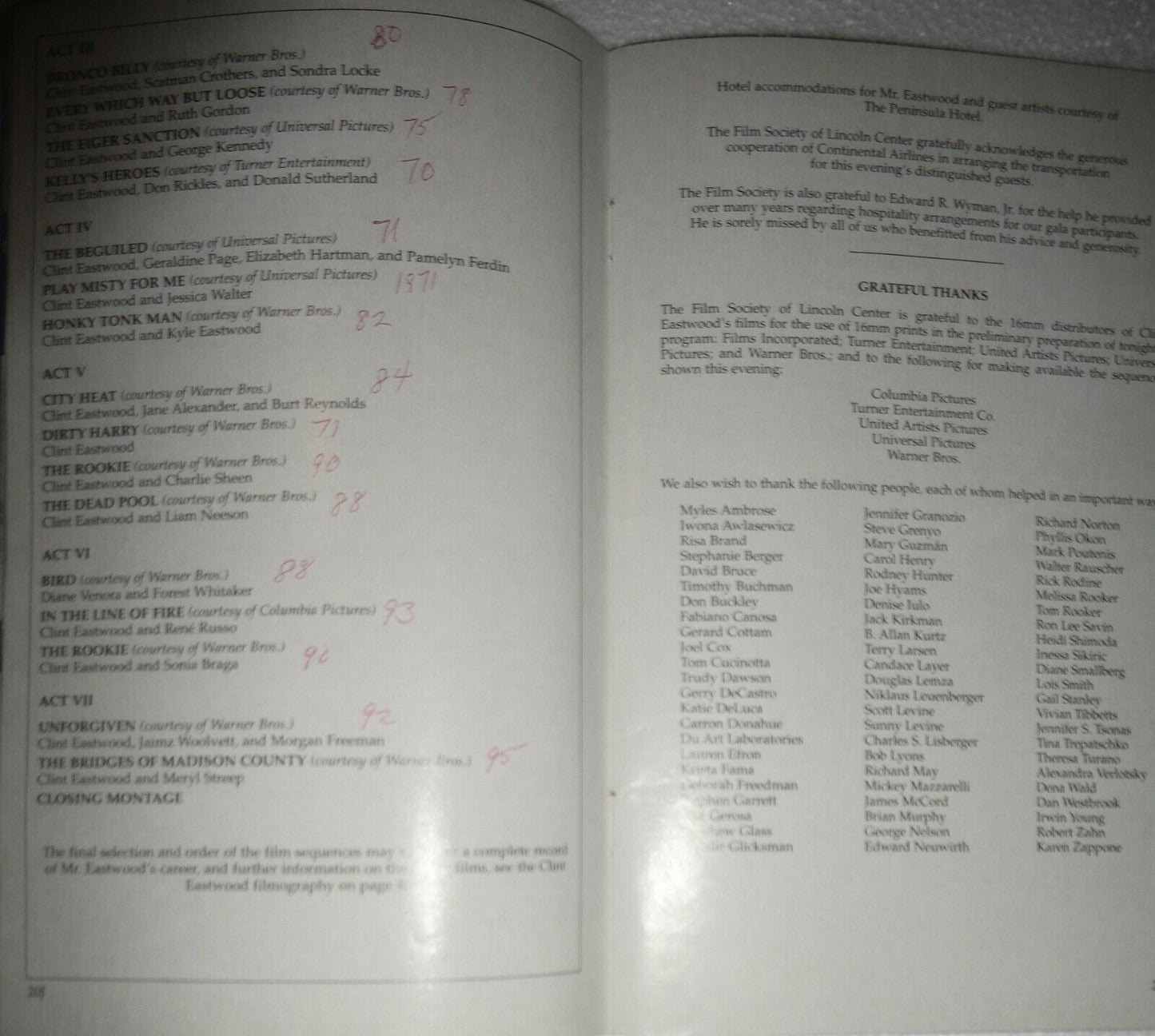 A TRIBUTE TO CLINT EASTWOOD - STAGEBILL, MAY 1996 Film Society of Lincoln Center