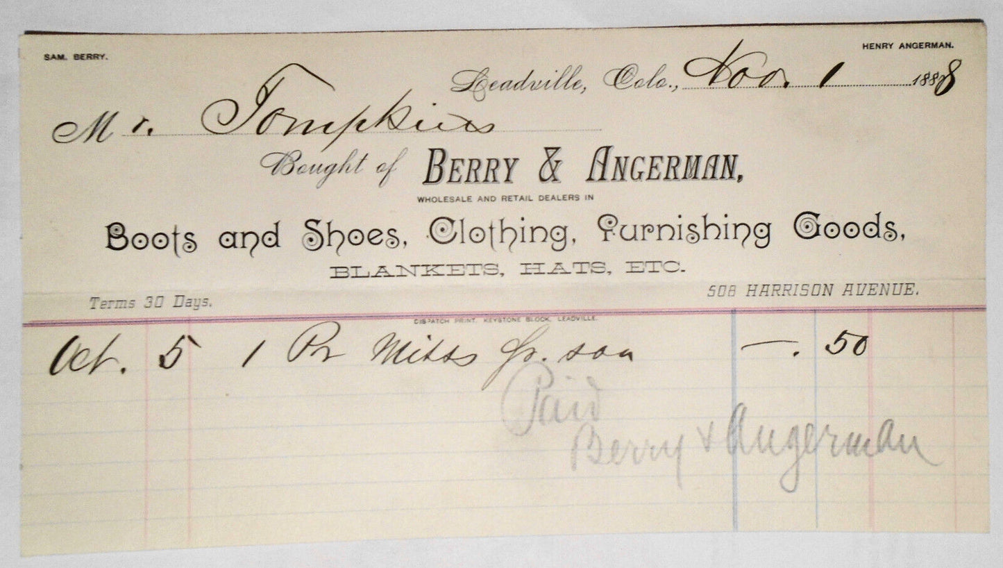 1888 Berry & Ackerman, Leadville Colorado, Billhead receipt. Boots, shoes...