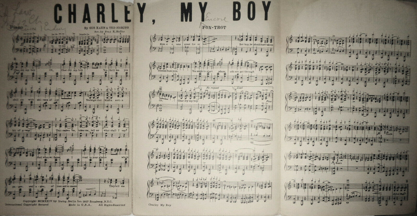 Charley, my boy : fox - trot, by Gus Kahn & Ted Fiorito. 1924 for orchestra