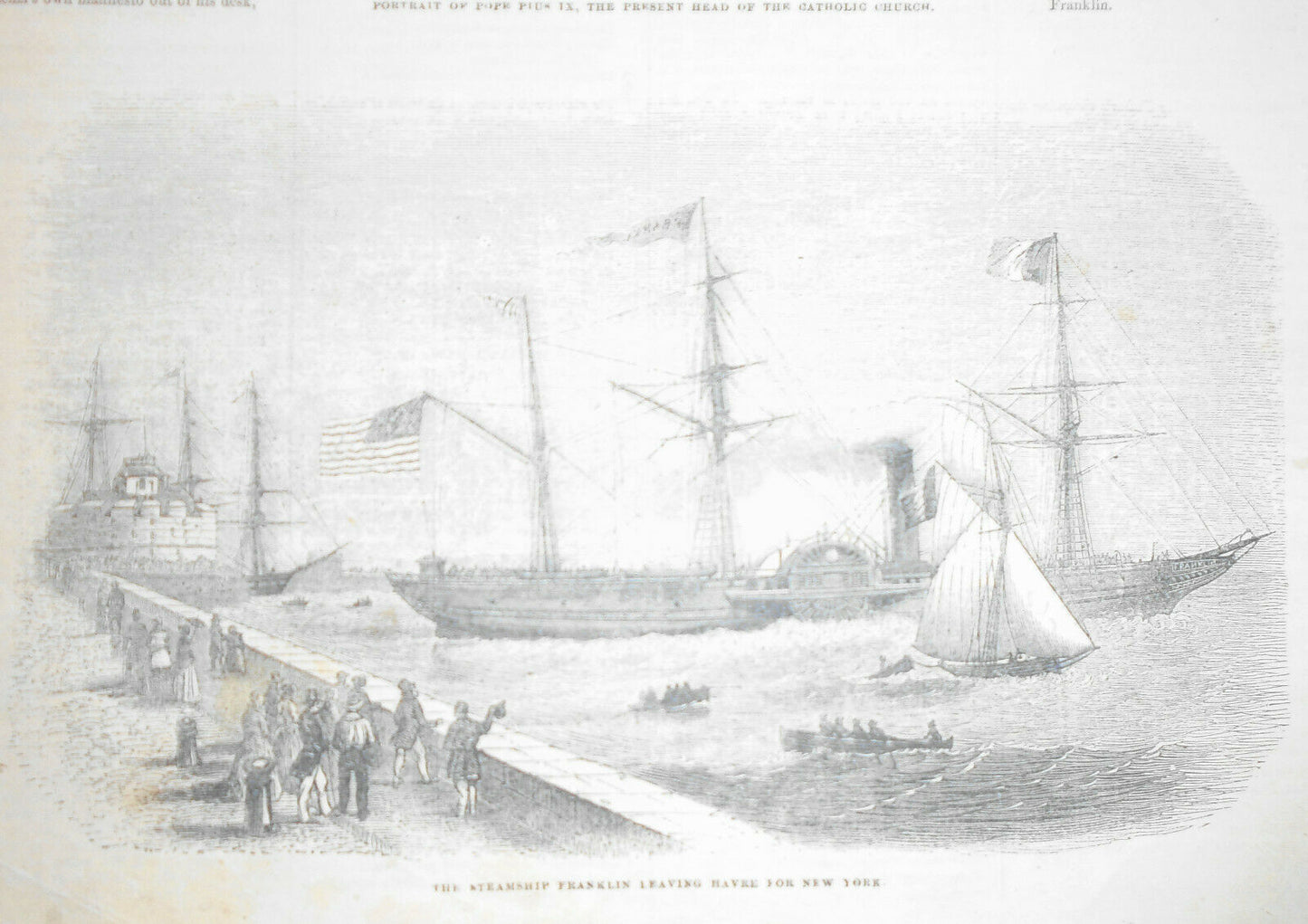 1852  Pope Pius IX  & Steamship Franklin leaving  Hayre -- 2 prints - Gleason's