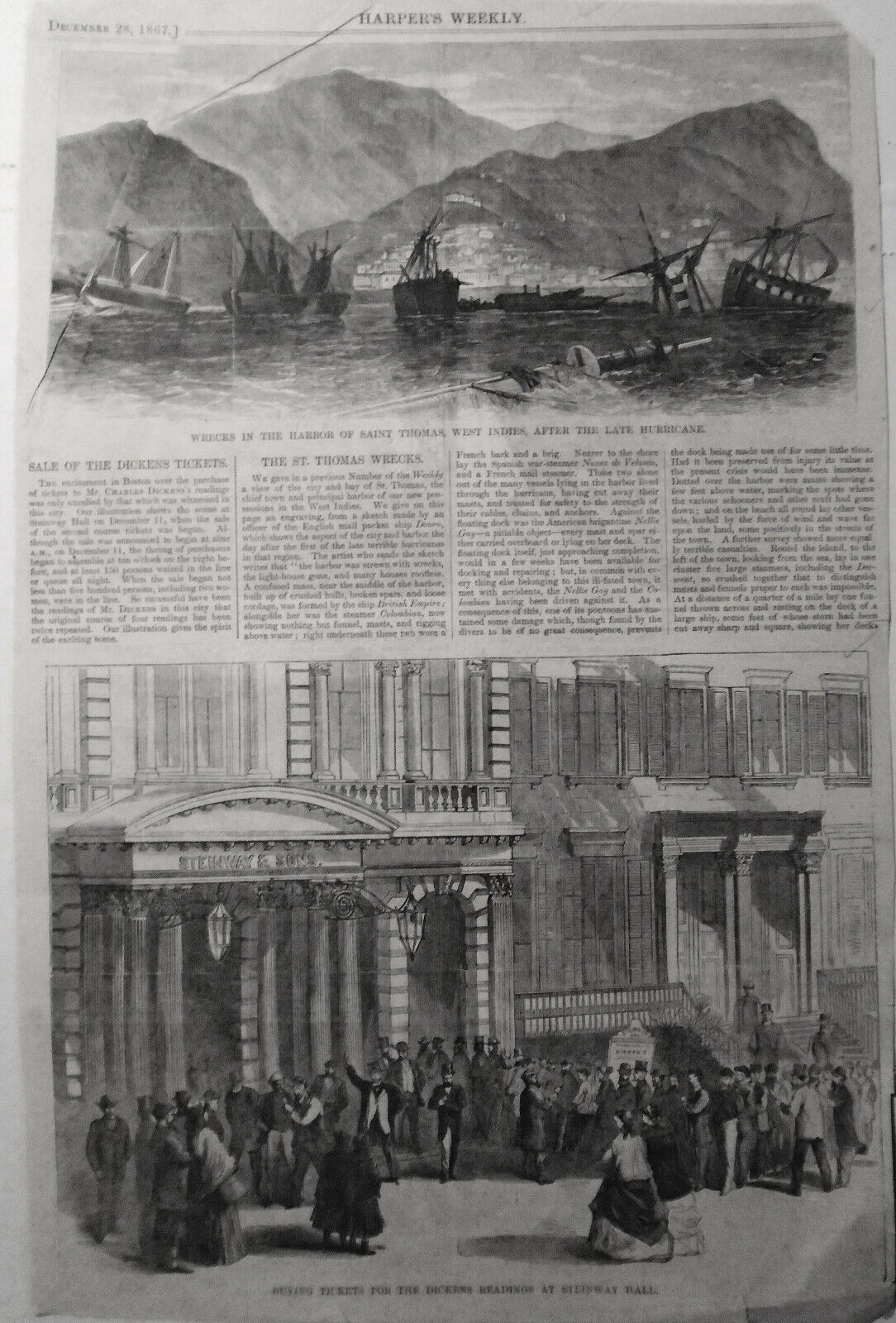 "Sale Of The Dickens Tickets" & "The St. Thomas Wrecks" - Harper's Weekly, 1867