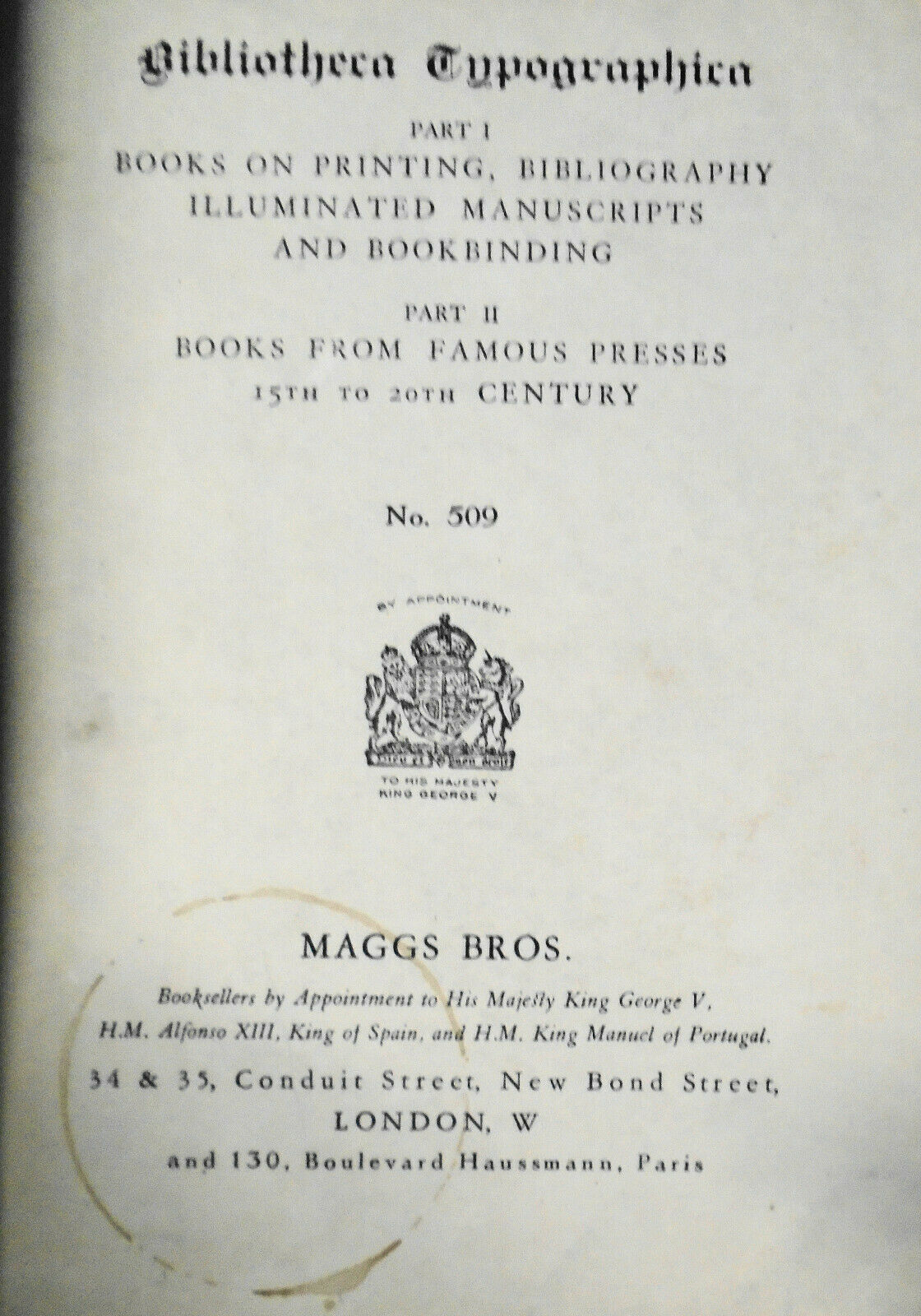 Bibliotheca typographica:  Maggs Bros. Catalog 509 - 1928