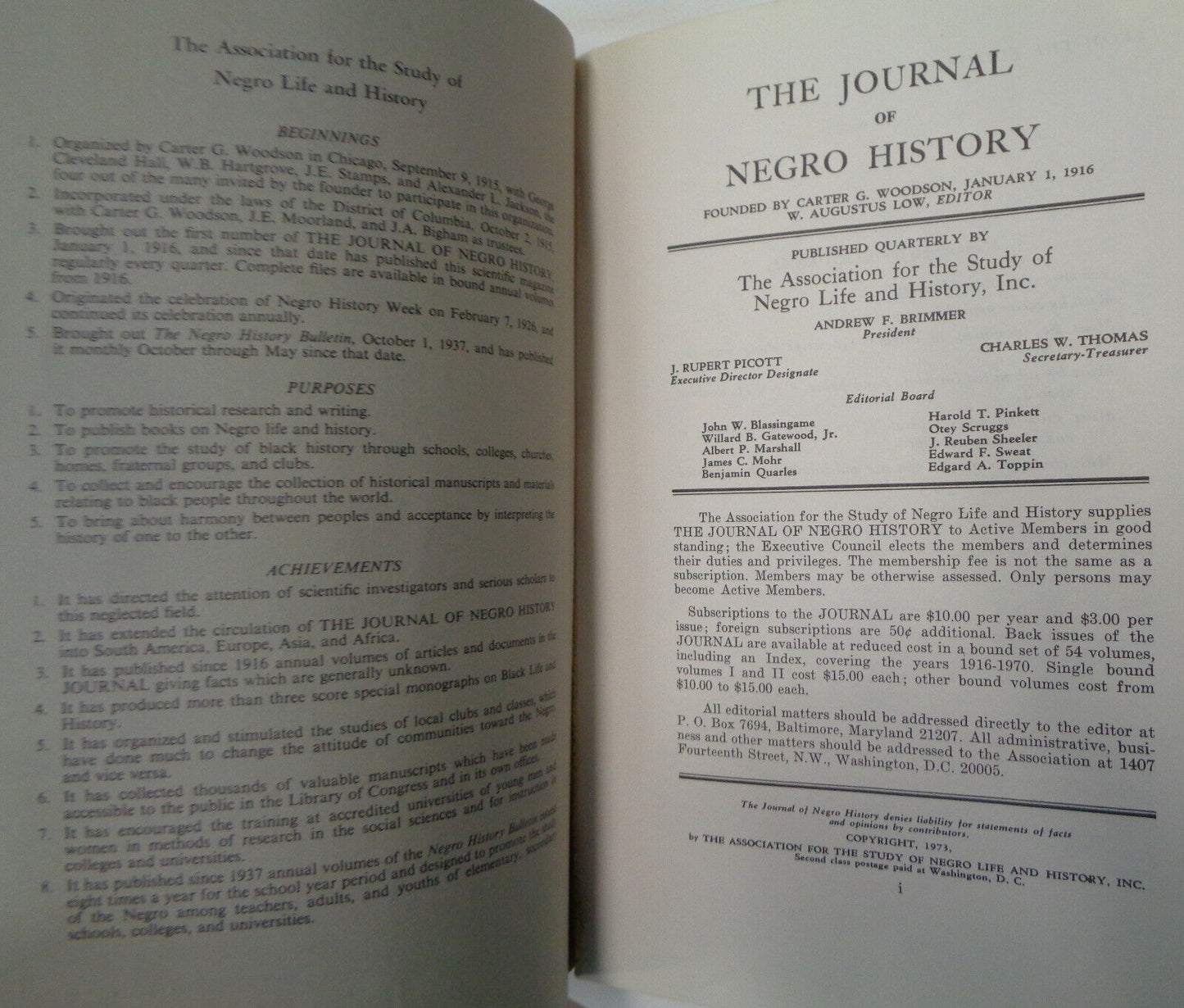 JOURNAL OF NEGRO HISTORY, Jan 1973 - Carter Woodson, Jack Johnson, Jesse Binga