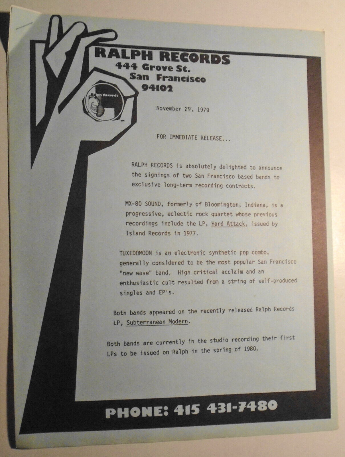 1979 Ralph Records Press Release :  The Residents, MX-80 Sound, Tuxedomoon