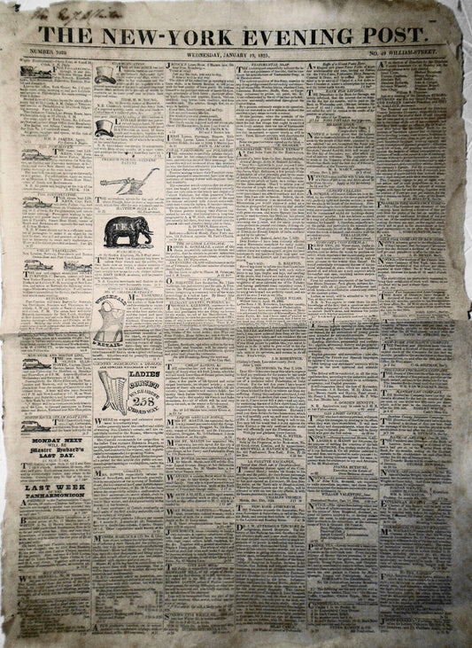 The New-York Evening Post, January 19, 1825. Original, DeWitt Clinton collection