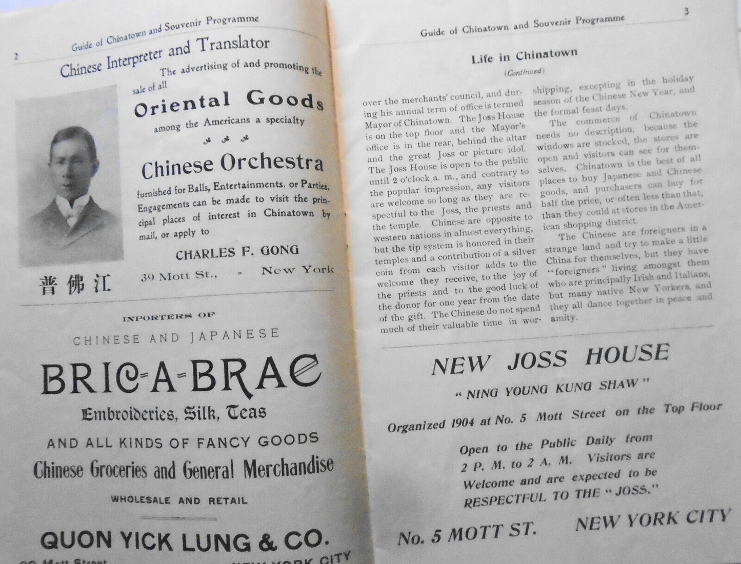1903 Guide Of Chinatown and Souvenir Programme, New York City. Charles Gong, Pub