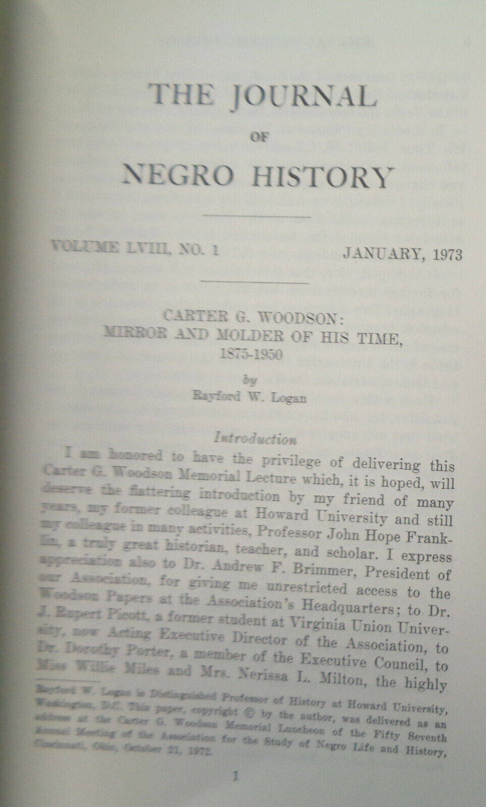 JOURNAL OF NEGRO HISTORY, Jan 1973 - Carter Woodson, Jack Johnson, Jesse Binga