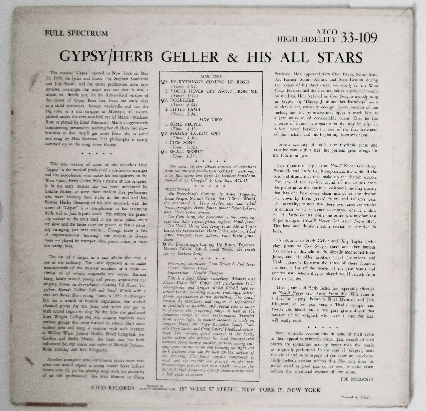 Gypsy:  Jule Styne & Stephen Sondheim's Music LP - Herb Geller And His All Stars