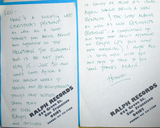 Homer Flynn SIGNED letter, 1982 - Residents band co-founder "Captain Doc".