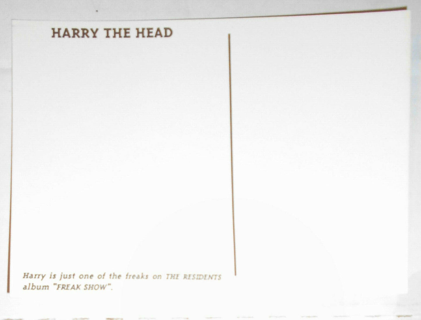 Harry The Head postcard - one of the Freaks on the Residents album "Freak Show"