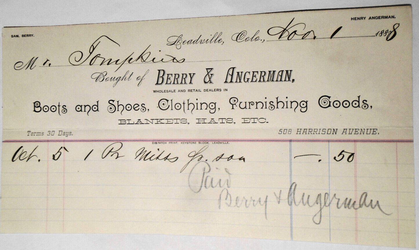 1888 Berry & Ackerman, Leadville Colorado, Billhead receipt. Boots, shoes...