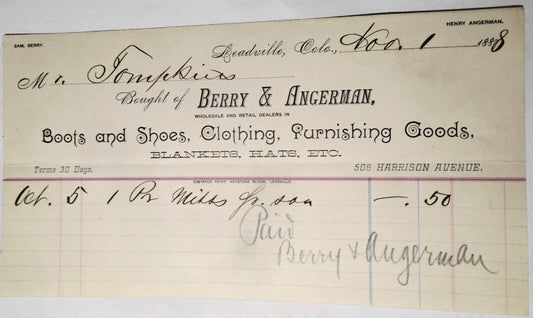 1888 Berry & Ackerman, Leadville Colorado, Billhead receipt. Boots, shoes...