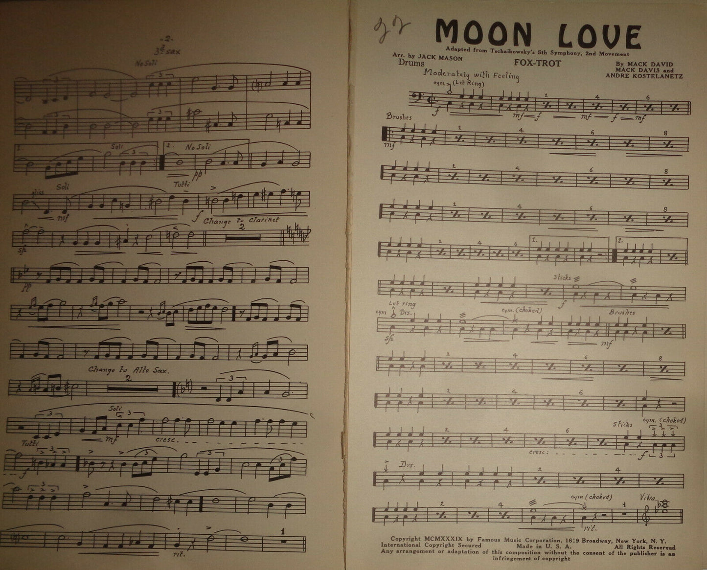 MOON LOVE - FOX TROT - SHEET MUSIC FOR ORCHESTRA - 1939