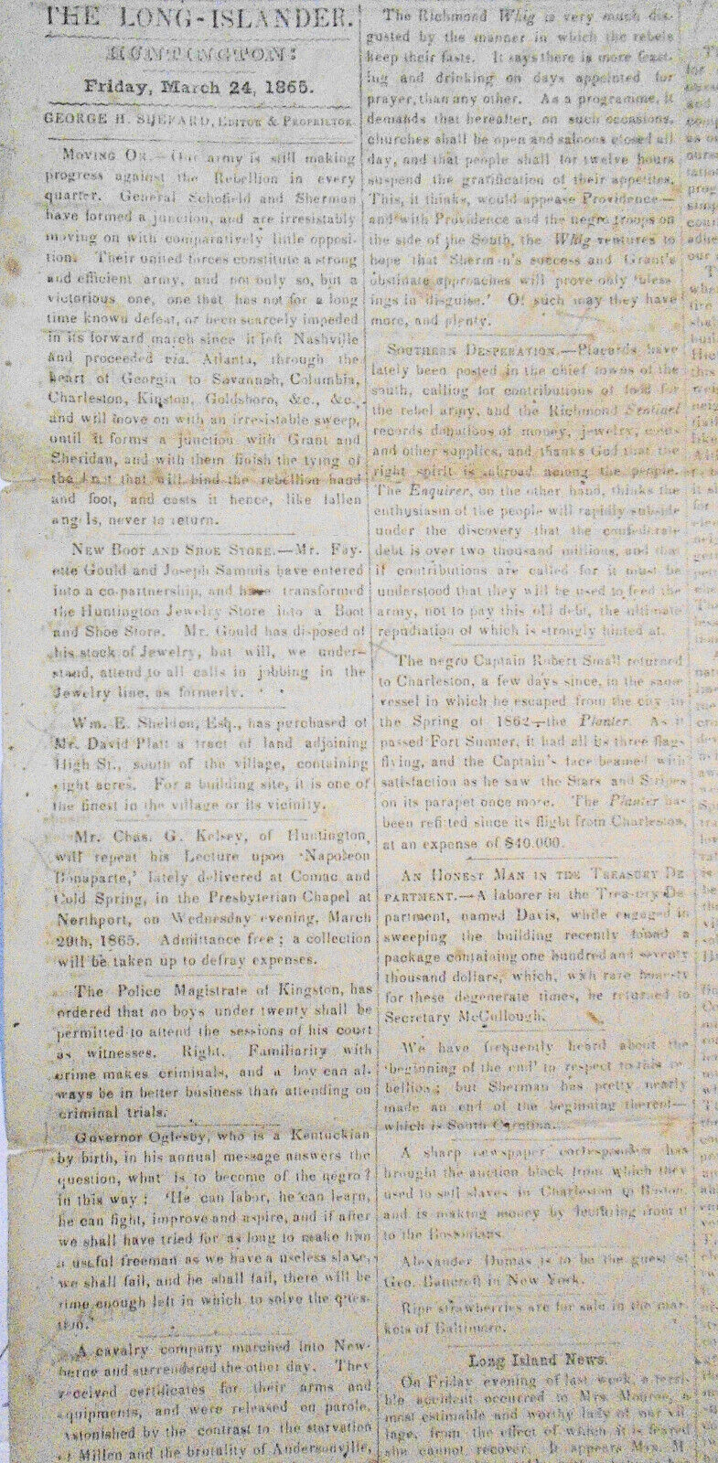 The Long-Islander, March 24, 1865. Civil war; negro captain Robert Small, etc.