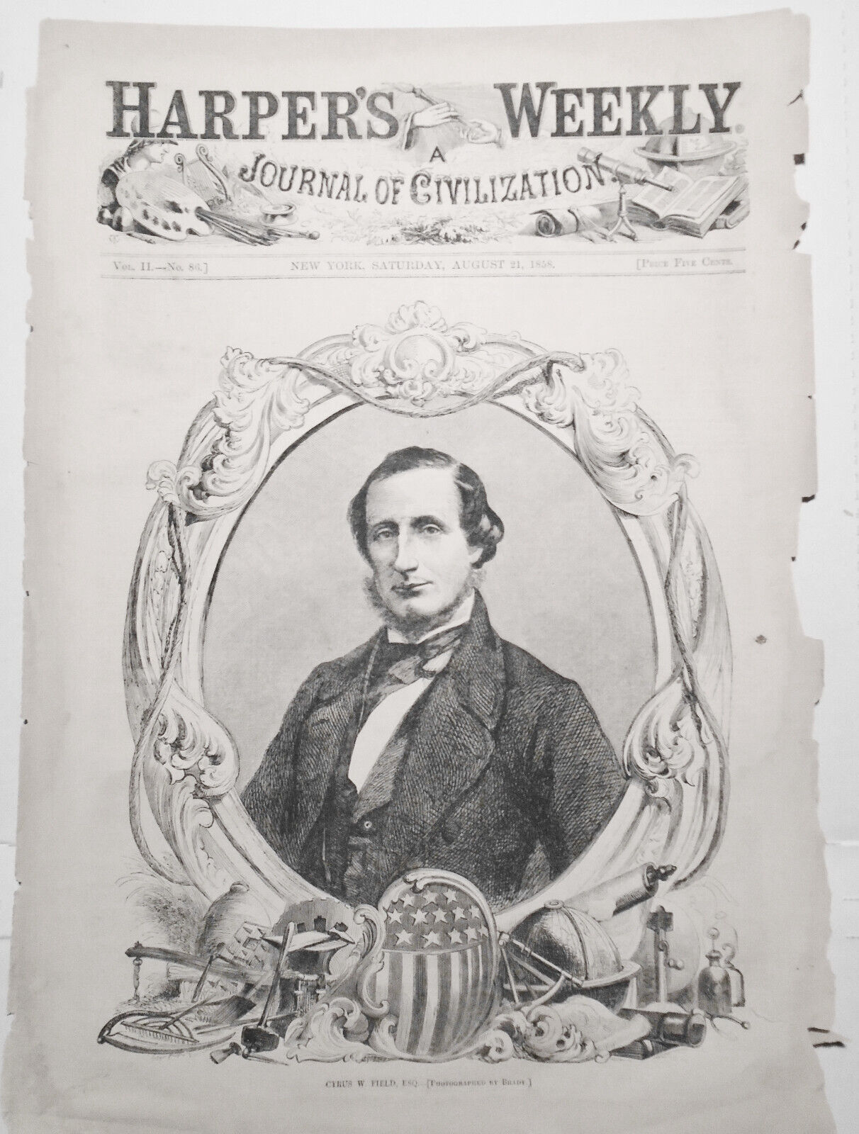 Cyrus W Field - photographed By Brady. Harper's Weekly, August 21, 1858 original