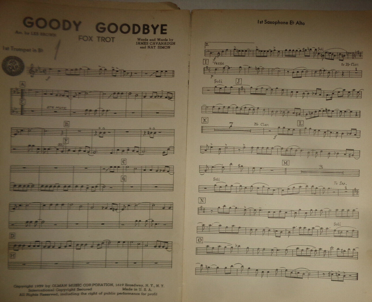 GOODY GOODBYE - fox trot - SHEET MUSIC FOR ORCHESTRA - 1939 - LES BROWN ARRANGED
