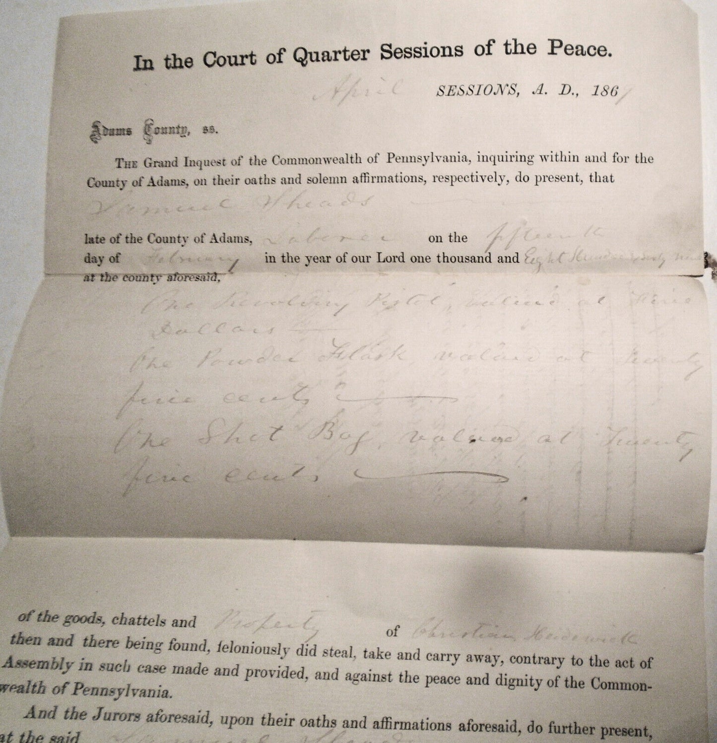 1867 Guilty Plea of Samuel Sheads for Stealing , Adams County PA Grand Inquest