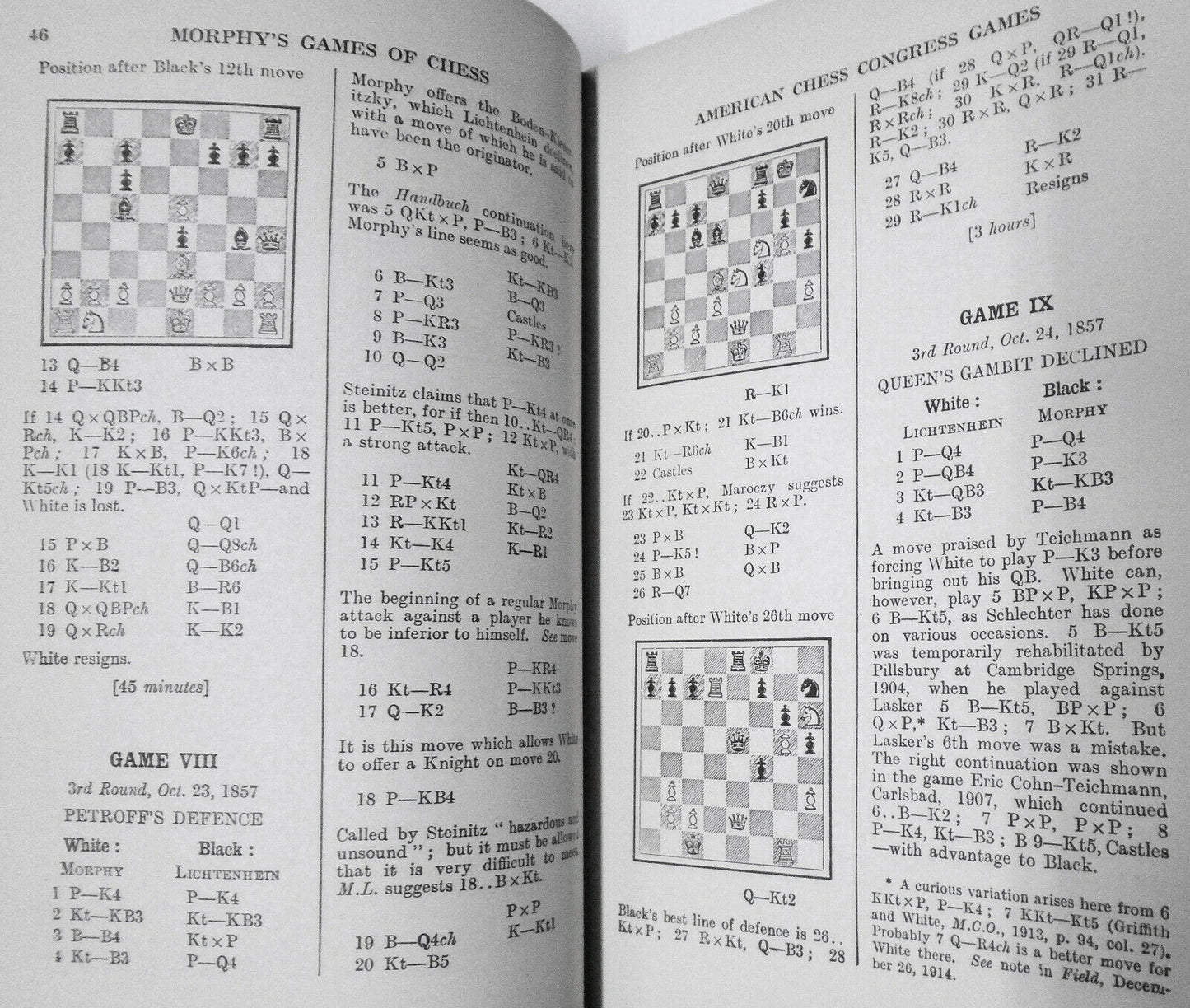 Morphy's Games, Alekhine 107 Battles, & Great Chess Games, by Fine - 3 books lot