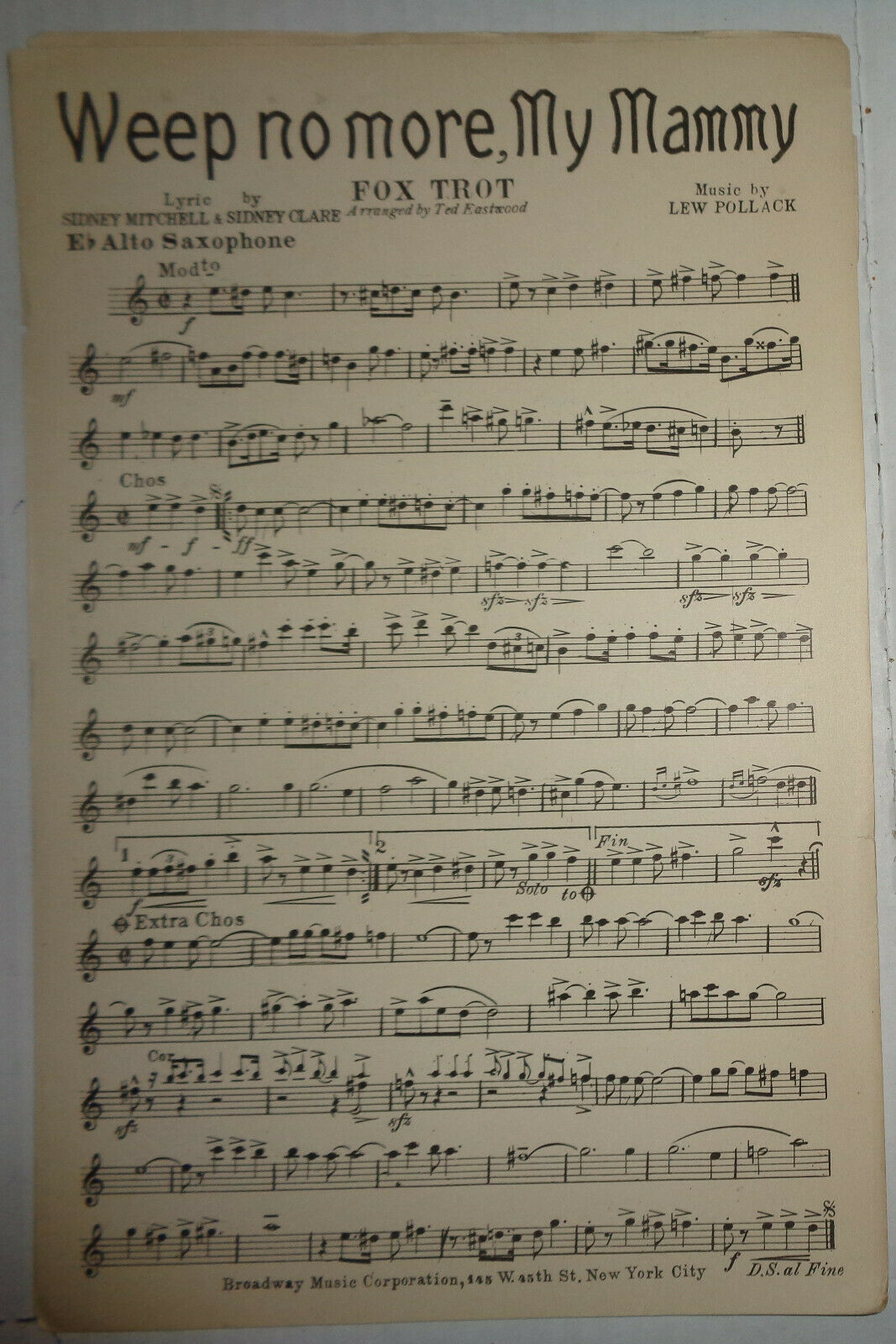 WEEP NO MORE, MY MAMMY - FOX TROT - SHEET MUSIC FOR ORCHESTRA - 1921