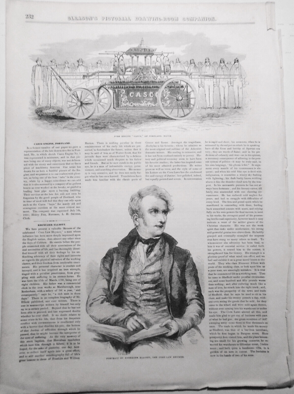 Fire Engine "Casco", Of Portland Maine -  Gleason's Pictorial April 10, 1852 ori
