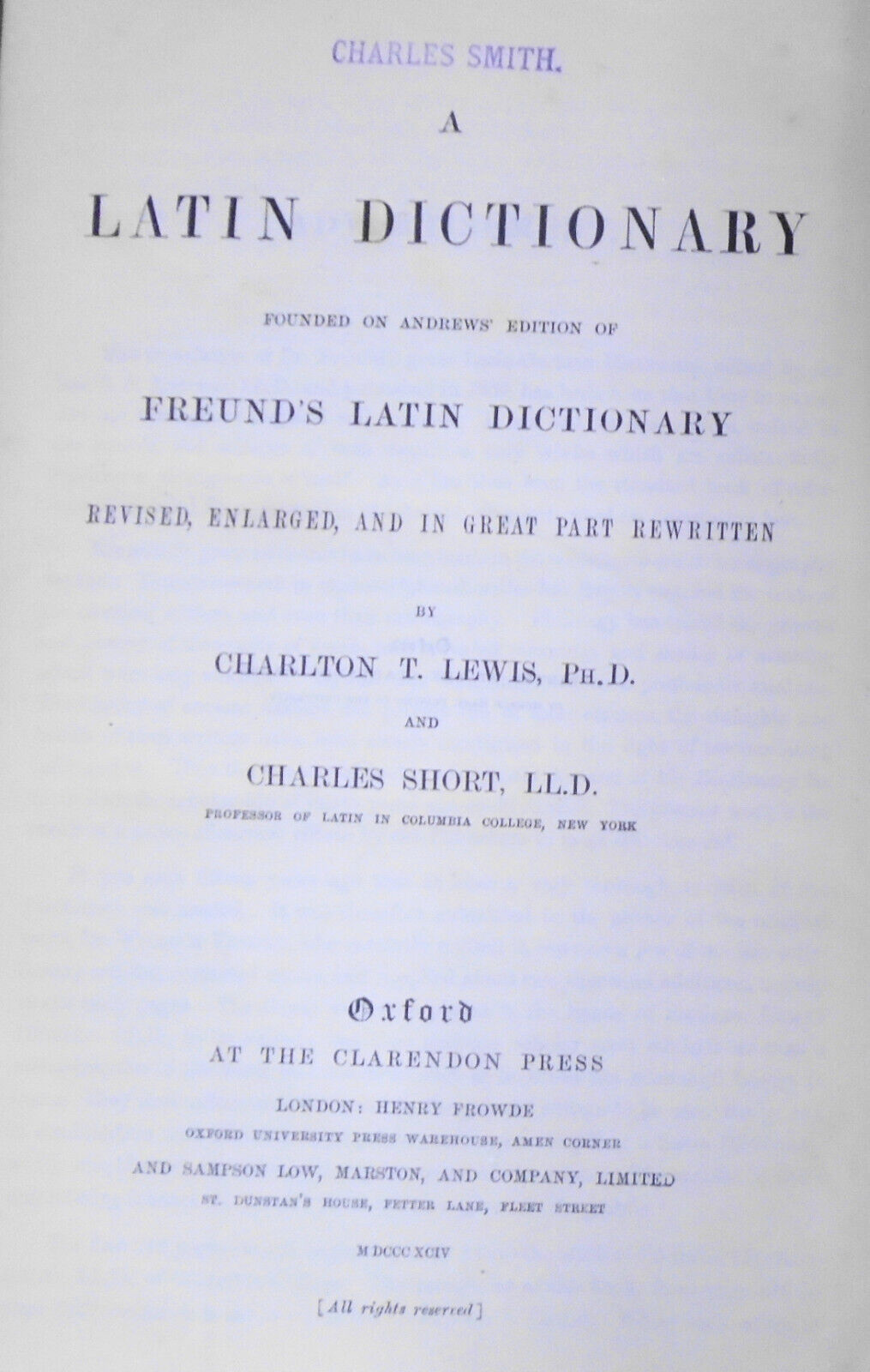 1894 A Latin Dictionary, Founded on Andrews' Edition of Freund's - Lewis & Short