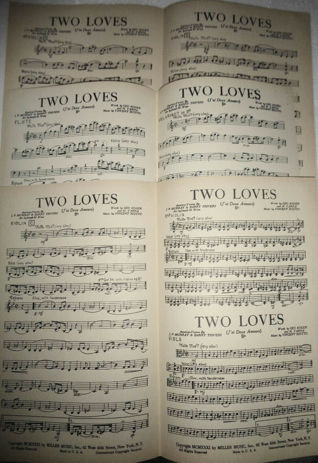 Two loves (J'ai deux amours), by Geo. Koger & H. Varna - 1931 for orchestra