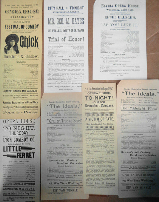 1893 Elyria Opera House, Ohio - 7 Program Flyers lot