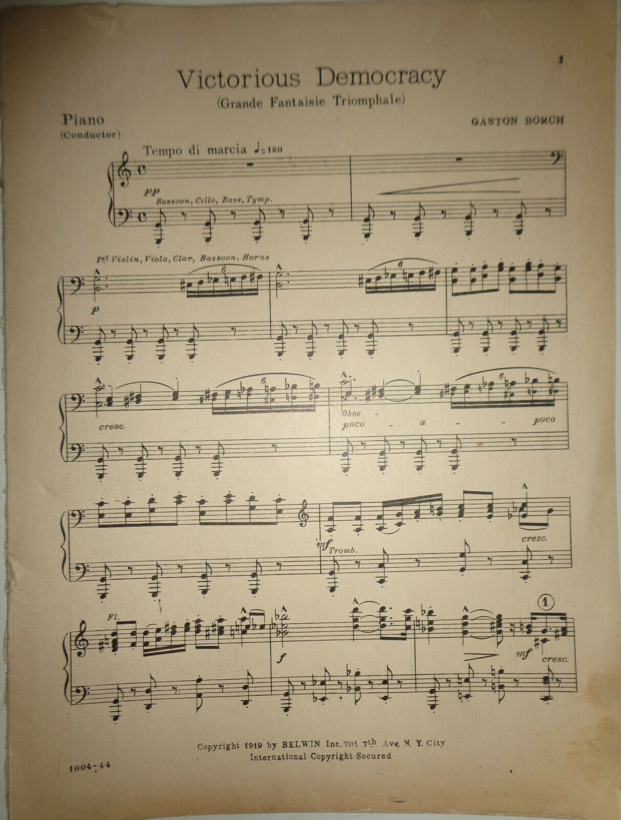 VICTORIOUS DEMOCRACY - BY GASTON BORCH - 1919 - FOR ORCHESTRA