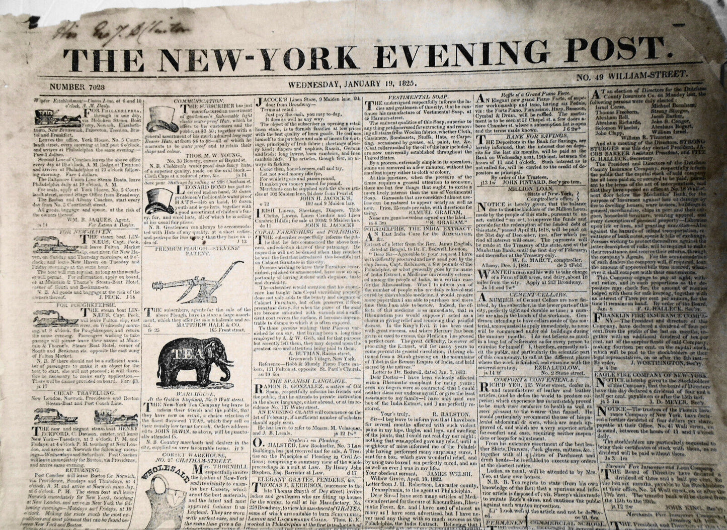 The New-York Evening Post, January 19, 1825. Original, DeWitt Clinton collection