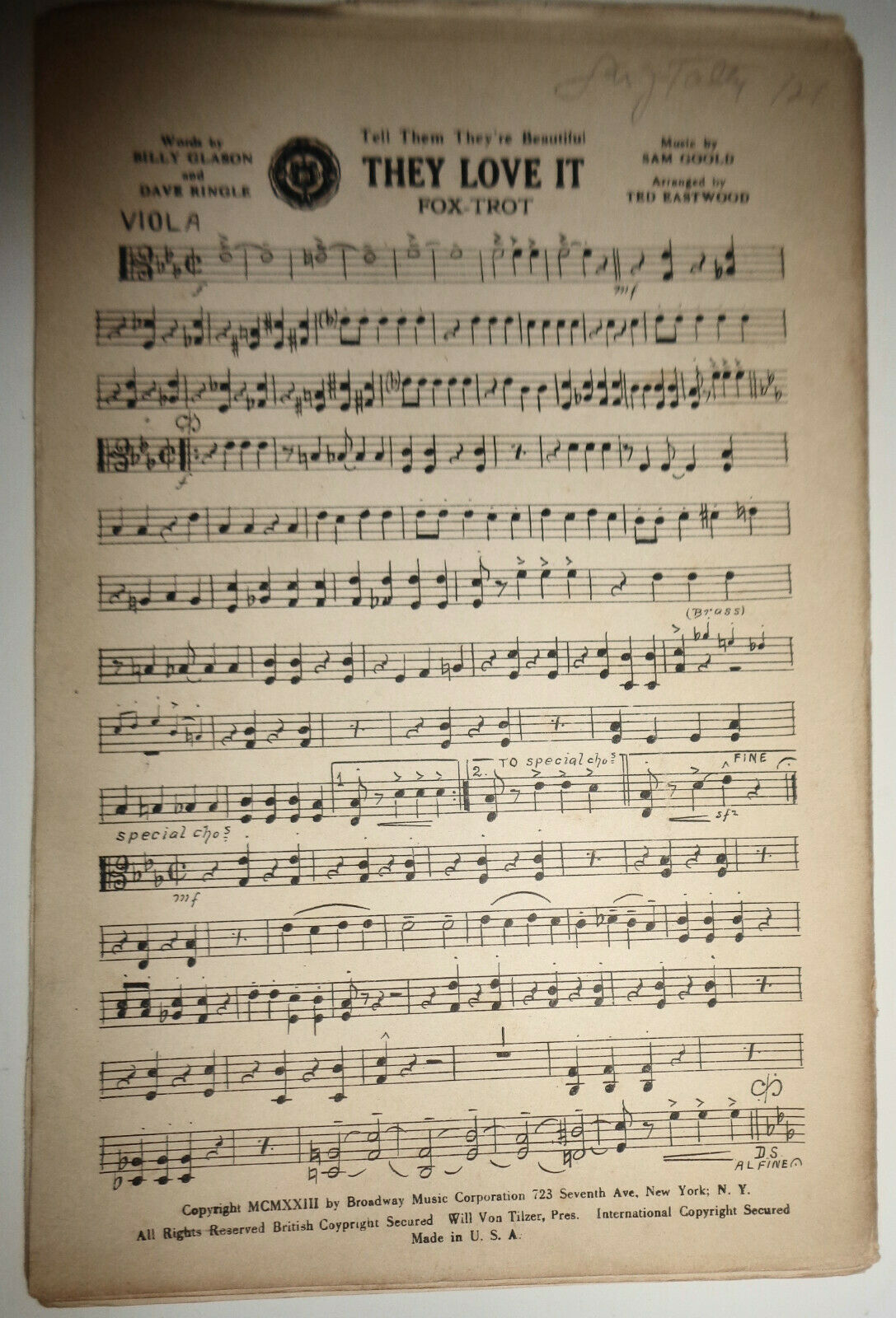 Tell them they're beautiful: THEY LOVE IT,  by Billy Glason - 1923 For orchestra