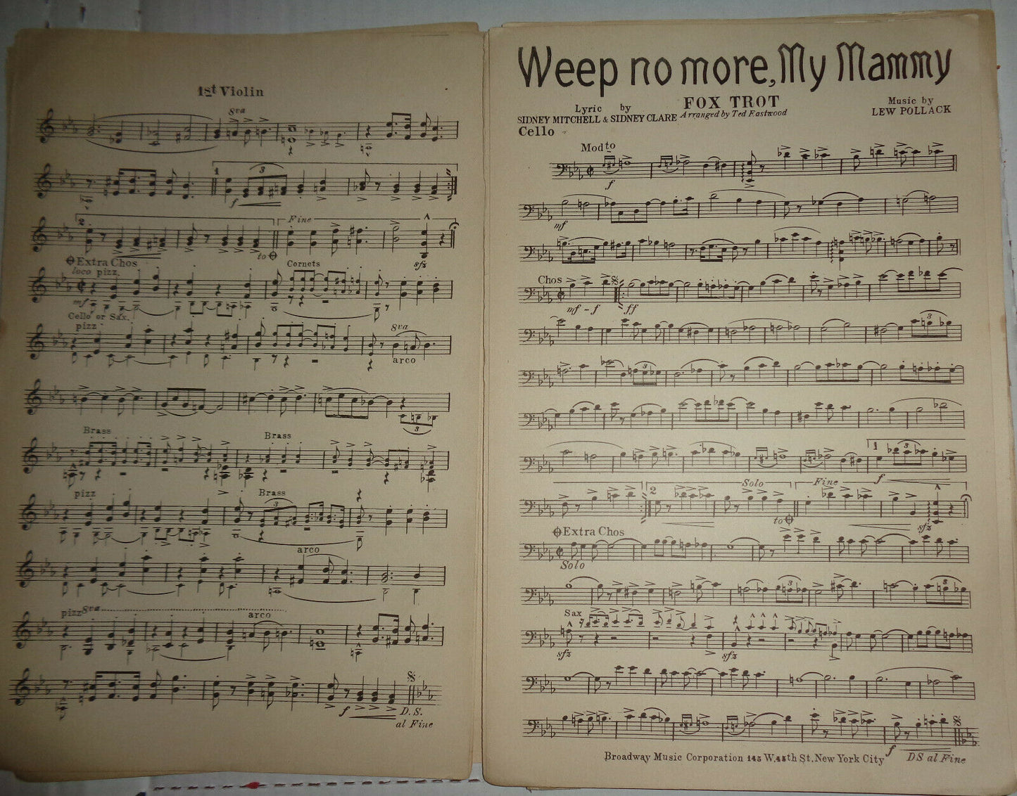 WEEP NO MORE, MY MAMMY - FOX TROT - SHEET MUSIC FOR ORCHESTRA - 1921