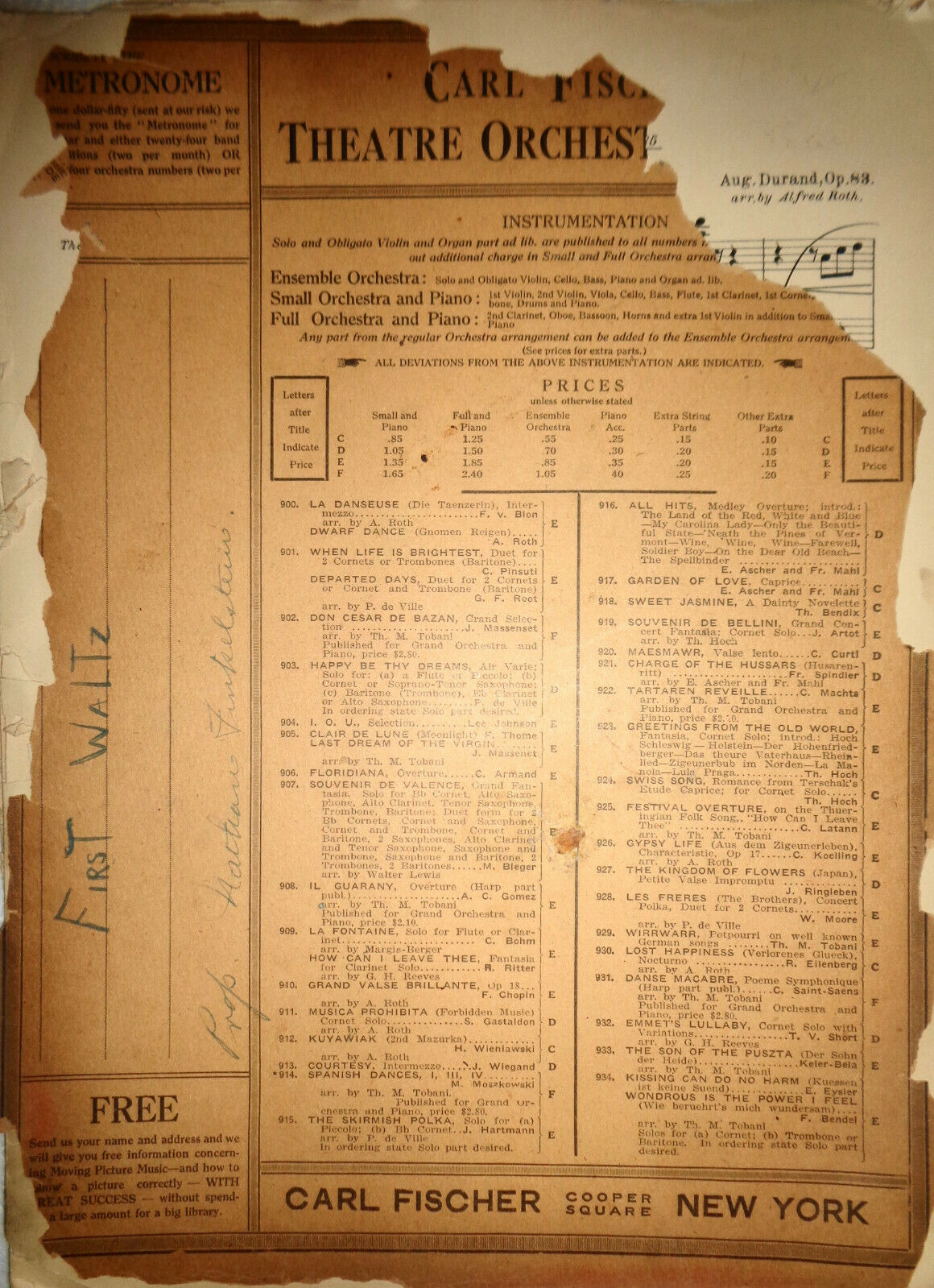 "First Waltz"  by Auguste Durand - 1908 Orchestra score. Arr. by Alfred Roth.