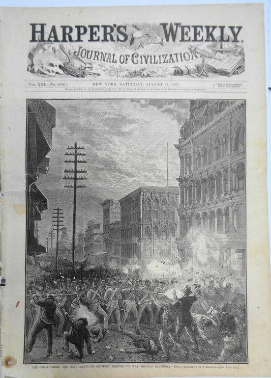 HARPER'S WEEKLY - August 11, 1877 - "THE GREAT STRIKE"  ORIGINAL COMPLETE ISSUE