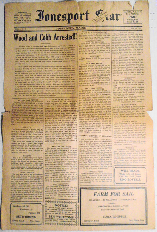 Jonesport Star, February 24, 1930 Vol. 1, No. 3.  - Wood and Cobb arrested.