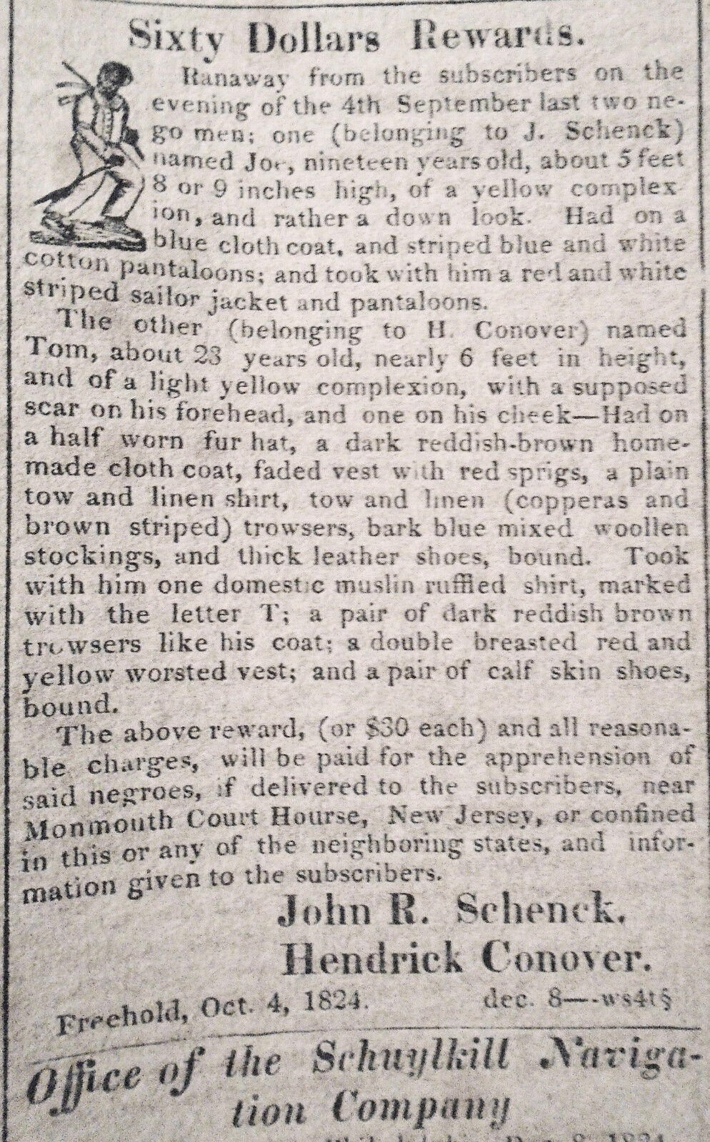 The Democratic Press, Philadelphia, December 8, 1824. Runaway slave rewards ad.