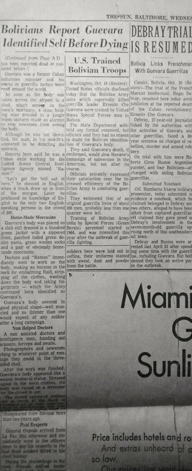 "Guevara revealed his identity" The SUN, Baltimore newspaper, October 11, 1967