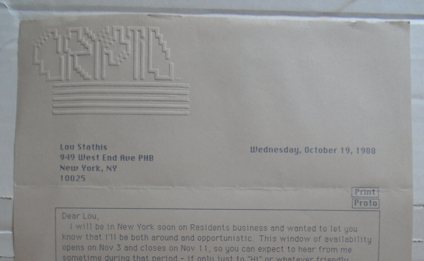 Homer Flynn SIGNED letter, 1988 - Residents band co-founder